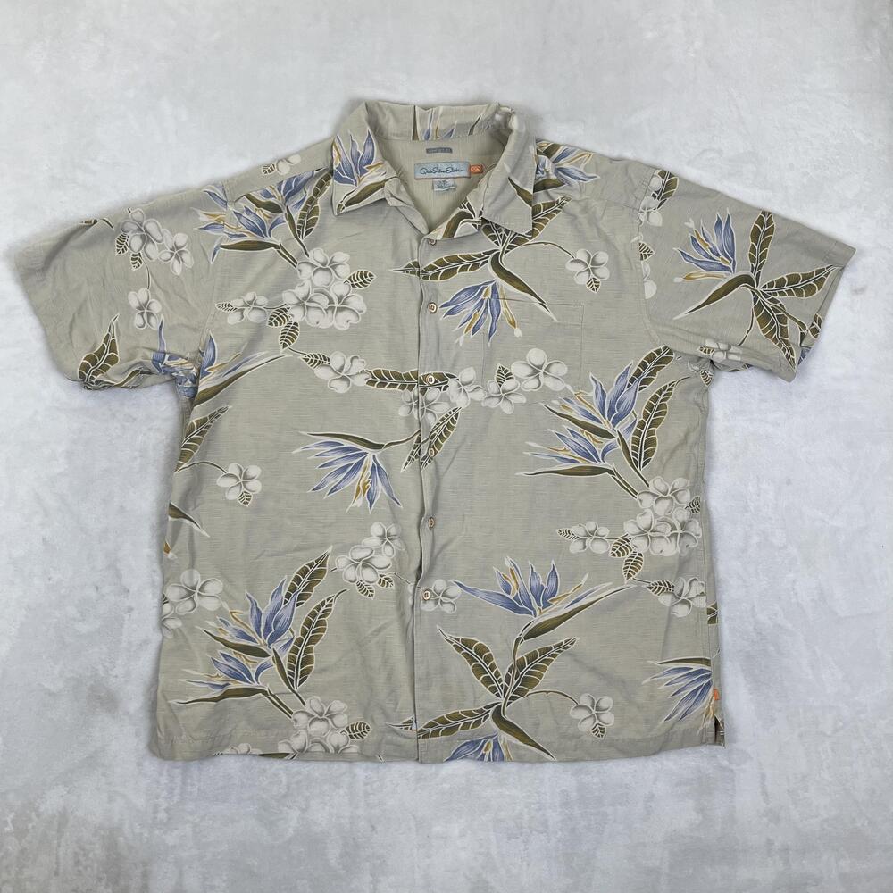 Quiksilver Edition Shirt Mens XL Beige Hawaiian Floral Rayon Button Front Y2K
